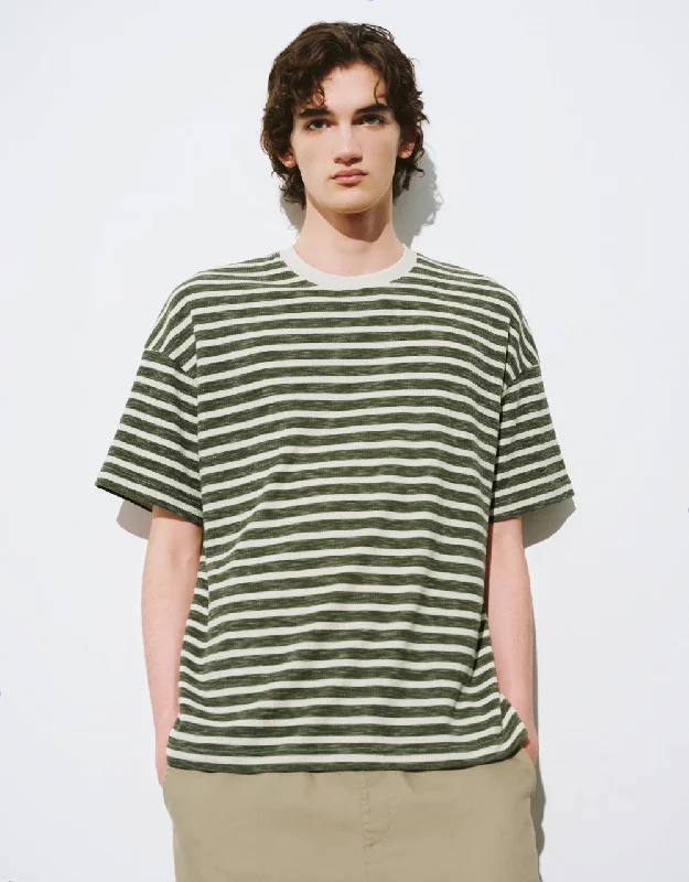 Striped Crew Neck Straight T-Shirt Ribbed T-Shirt High Neck Heavyweight