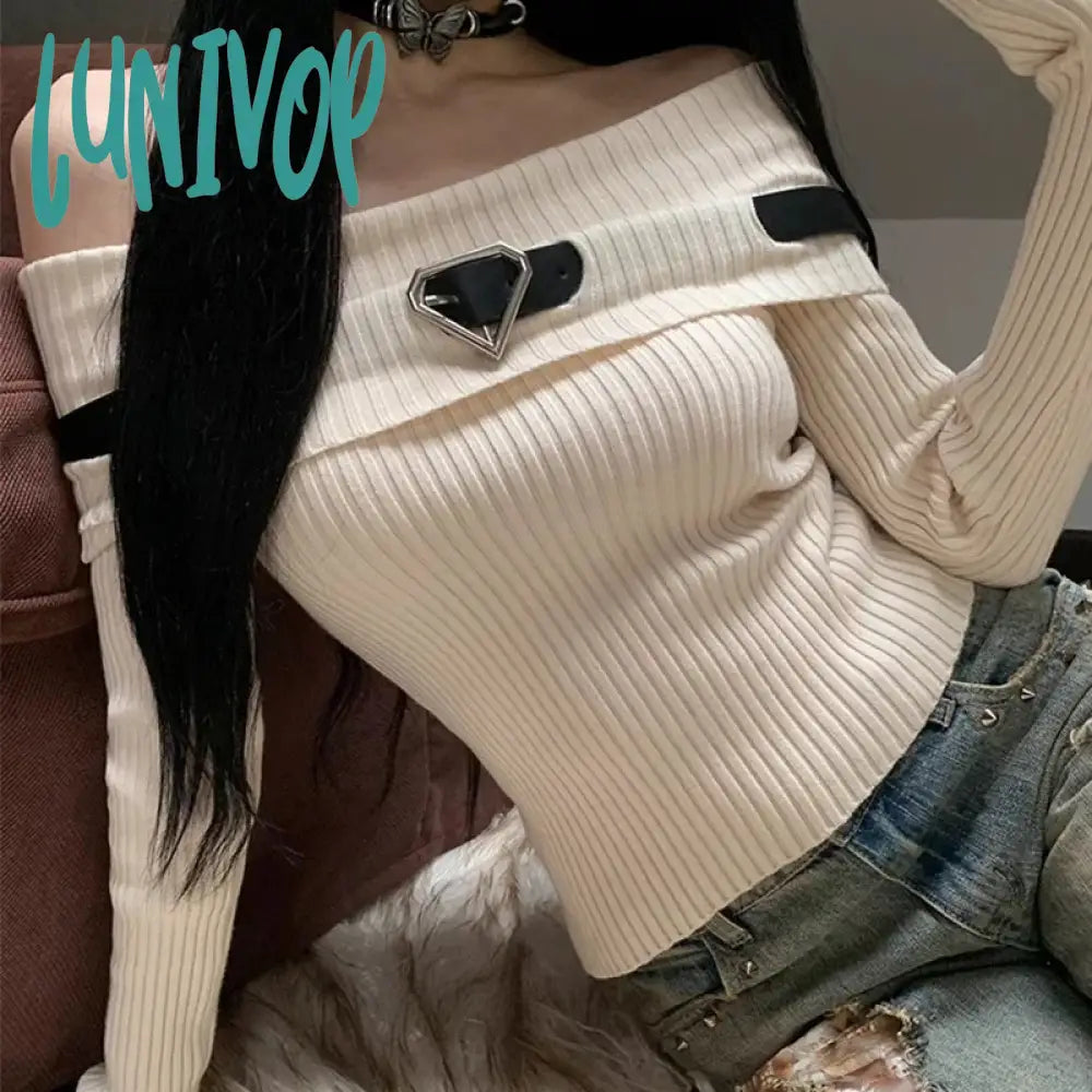 Lunivop Sweet Women Off Shoulder Knitted Crop Tops Long Sleeve Slim Fit Belt Sweaters Autumn Ribbed T-Shirts Korean Harajuku Streetwear Print Jacquard Patchwork Lunivop Sweet Women Off Shoulder Knitted Crop Tops Long Sleeve Slim Fit Belt Sweaters Autumn Ribbed T-Shirts Korean Harajuku Streetwear Print Jacquard Patchwork