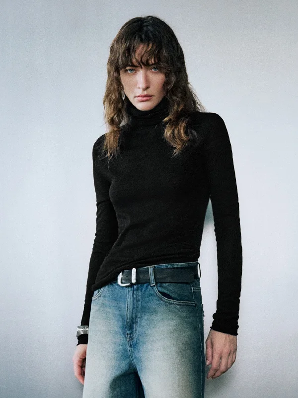 Turtle Neck Skinny Knitted T-Shirt Cashmere Blend Cotton Blend Poly Blend