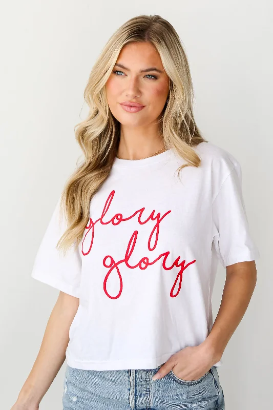 White Glory Glory Cropped Tee V-Neck T-Shirt Long Sleeve Cotton