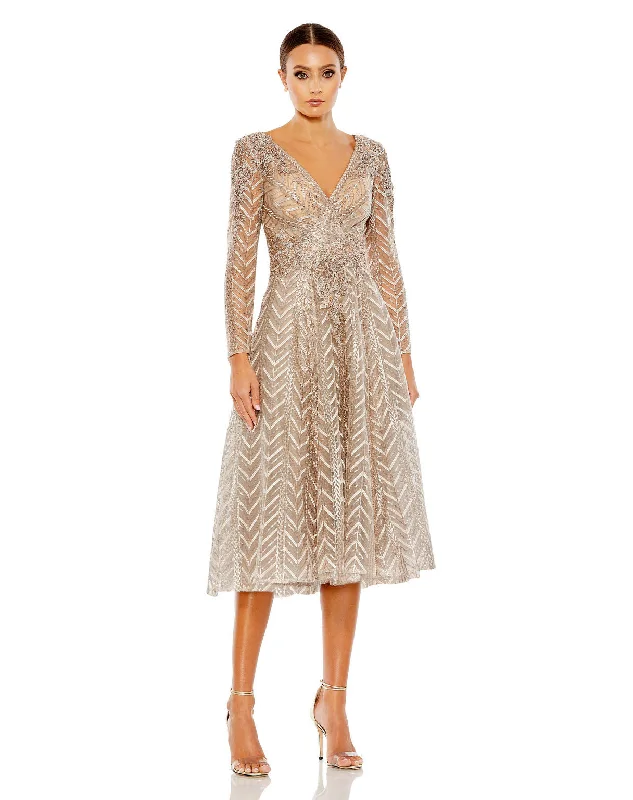 Mac Duggal 20399 Short Beaded Long Sleeve Cocktail Midi Dress Trendy Off-Shoulder Ruffle Midi Dress