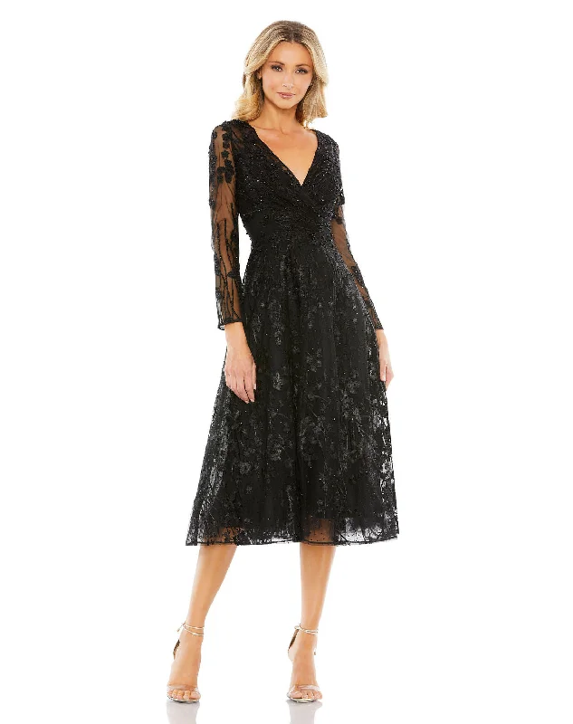 Mac Duggal 204041 Long Sleeve Cocktail Floral Beaded Midi Dress Cozy Midi Dress with Pockets
