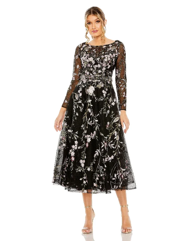 Mac Duggal 20476 Long Sleeve Formal Floral Midi Dress Elegant Satin Button Midi Dress