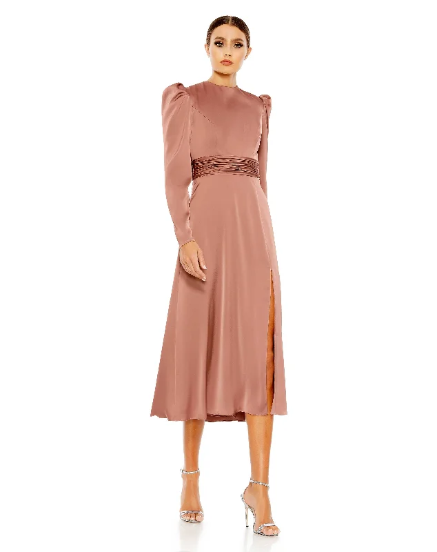 Mac Duggal 26936 Formal Long Sleeve Cocktail Midi Dress Elegant Floral Appliqué Midi Dress