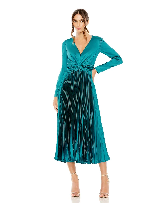 Mac Duggal 27148 Long Sleeve Pleated Formal Midi Dress Stylish Halter Neck Midi Dress