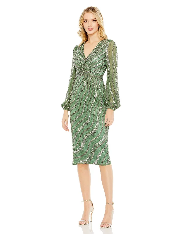Mac Duggal 5573 Sequin Beaded Long Sleeve Cocktail Midi Dress Elegant Floral Skirt Midi Dress