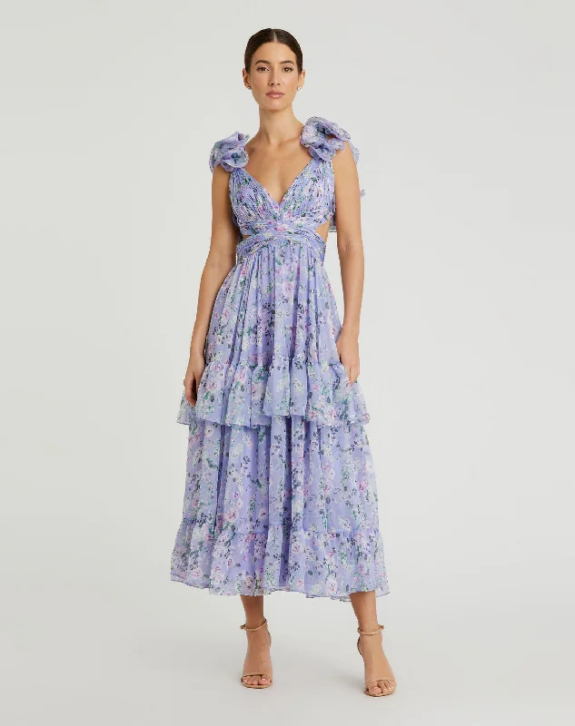 Mac Duggal 56049 Floral Print Cocktail Midi Dress Stylish Cold Shoulder Midi Dress