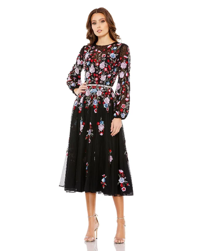 Mac Duggal 5712 Long Sleeve Floral A Line Cocktail Midi Dress Fashionable Chiffon Midi Dress