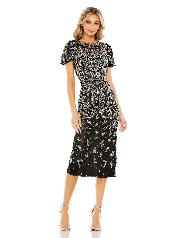 Mac Duggal 5727 Short Sequin Beaded Cocktail Midi Dress Trendy A-Line Midi Dress