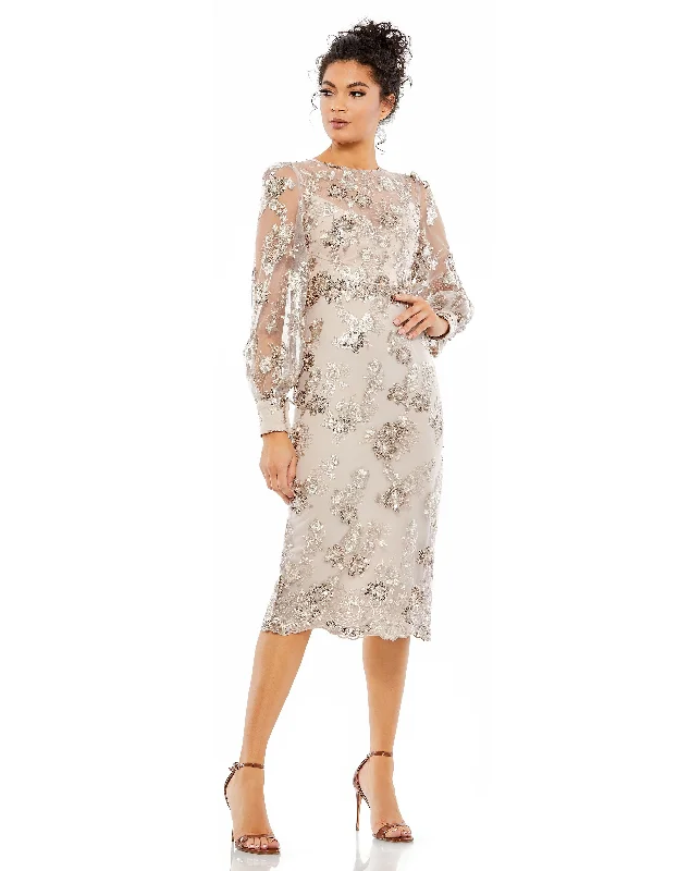 Mac Duggal 70237 Formal Long Sleeve Midi Dress Stylish Silk Midi Dress