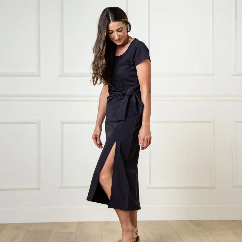 Organic Knit Tie Midi Dress Elegant Floral Appliqué Midi Dress