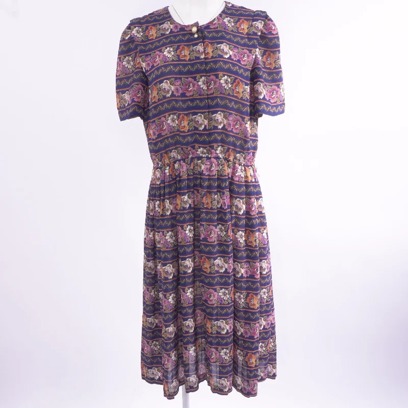 80's Floral Printed Midi Dress in Blue Elegant Faux Wrap Midi Dress