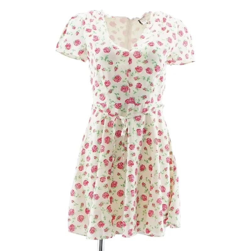 Beige Floral Midi Dress Comfortable Lace-Up Midi Dress