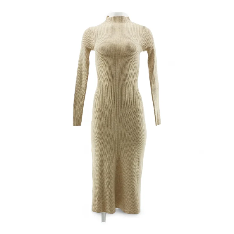 Beige Solid Midi Dress Trendy Mock Neck Midi Dress