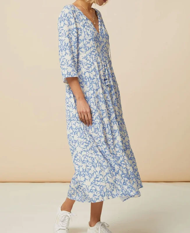 Emma Ecovero Midi Dress - Pale Blue/White Comfortable Ruched Midi Dress