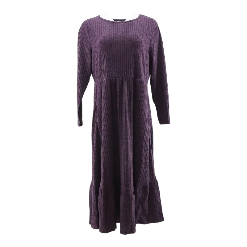 Purple Solid Midi Dress Trendy Mock Neck Midi Dress