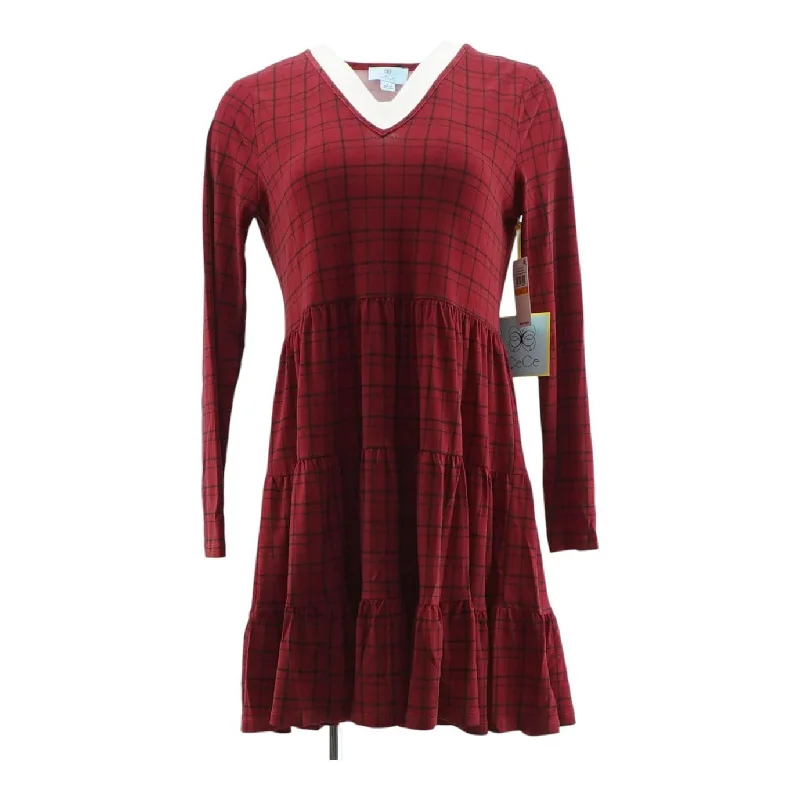 Red Check Midi Dress Trendy Long Sleeve Midi Dress