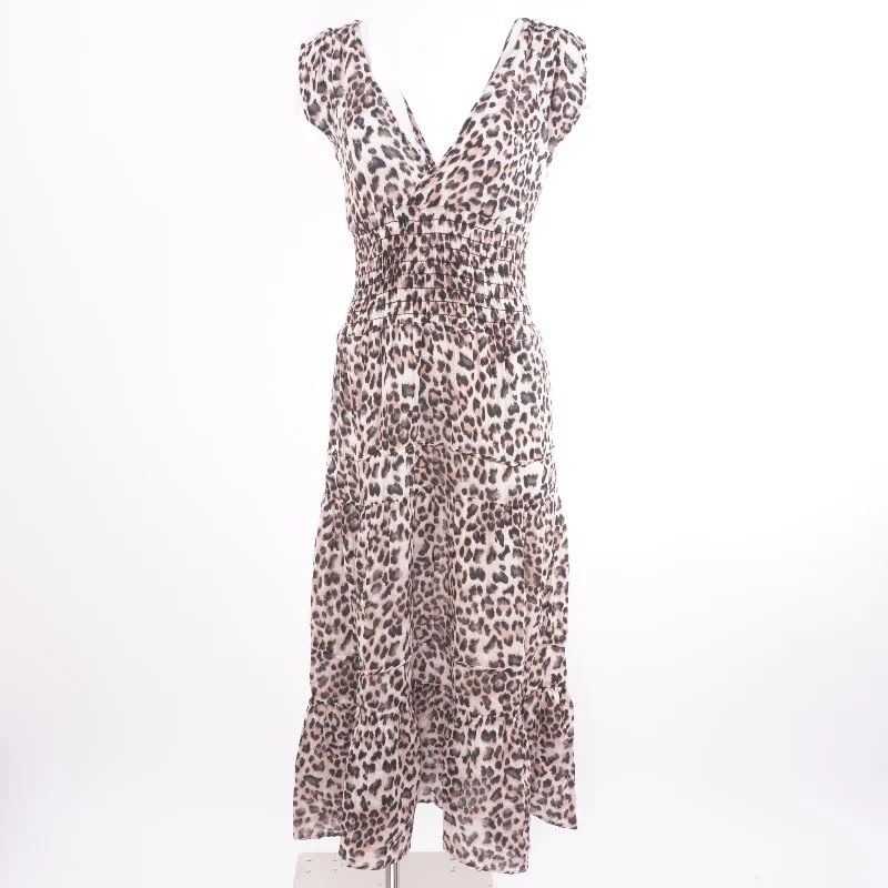 Tan Animal Print Midi Dress Elegant V-Neck Midi Dress