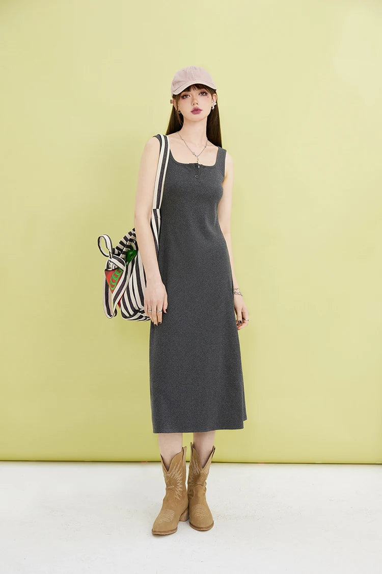 Basic Casual Button Up Midi Dress Trendy Fit-and-Flare Midi Dress