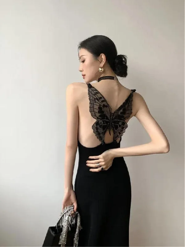 Black Butterfly Back Midi Dress Trendy Long Sleeve Midi Dress