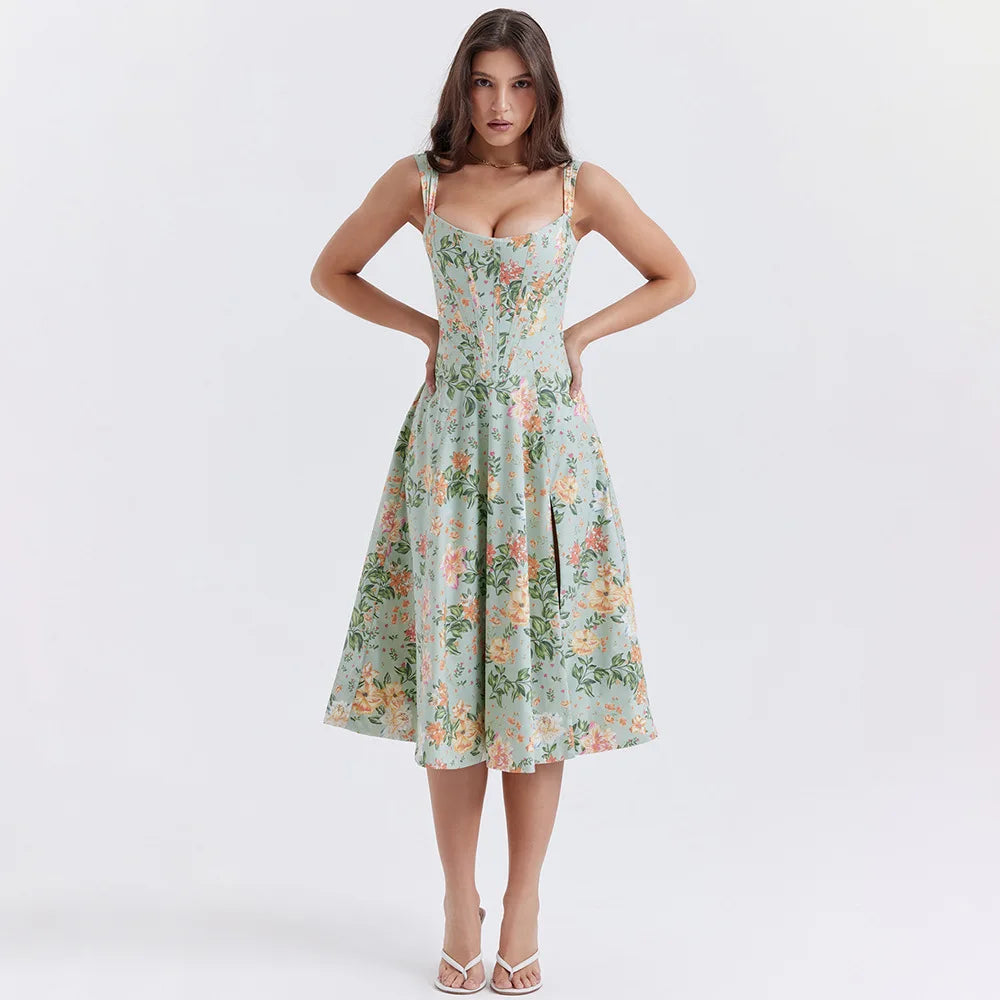 Cottagecore Floral Corset Midi Dress Stylish Midi Dress with Cuffs