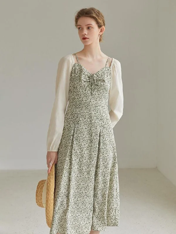 Cottagecore Shirt Sleeve Floral Midi Dress Comfortable Empire Waist Midi Dress
