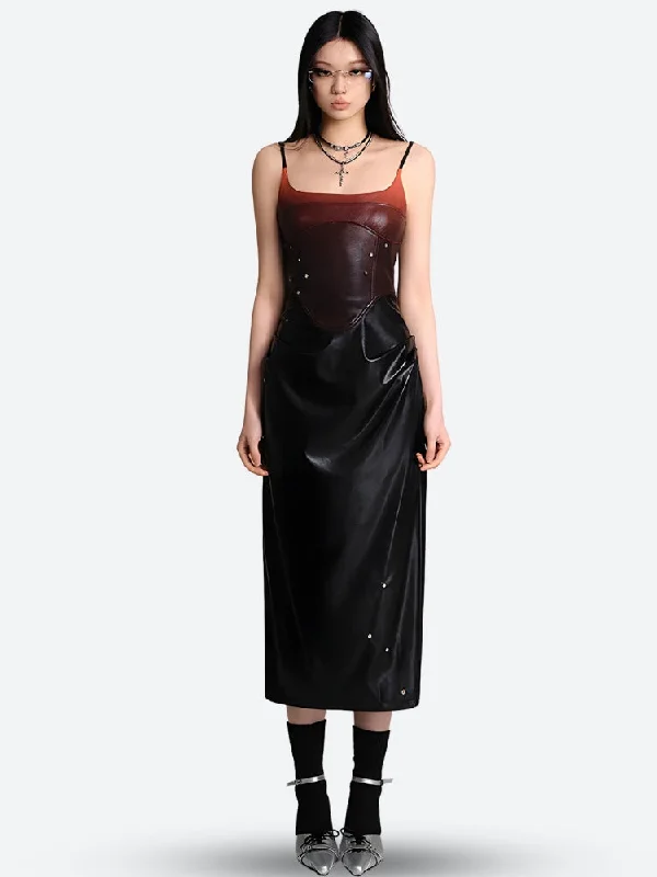 Cyberpunk Faux Leather Midi Dress Stylish Halter Neck Midi Dress