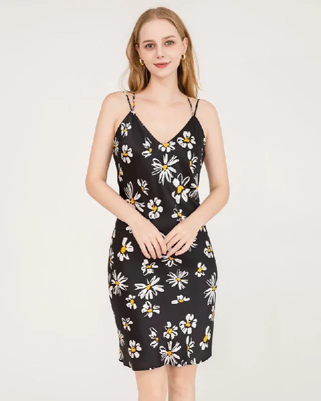 Daisy Print Cross Back 100% Silk Midi Dress Nightgown Elegant Pleated Detail Midi Dress