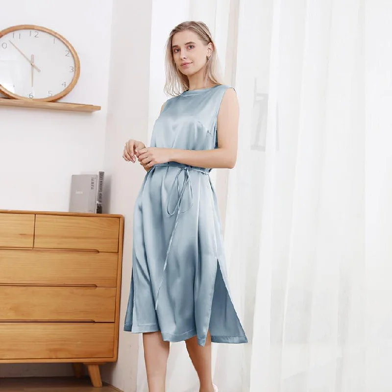 22 Momme Crew Neck Silk Midi Dress Elegant Maxi-Midi Hybrid Dress