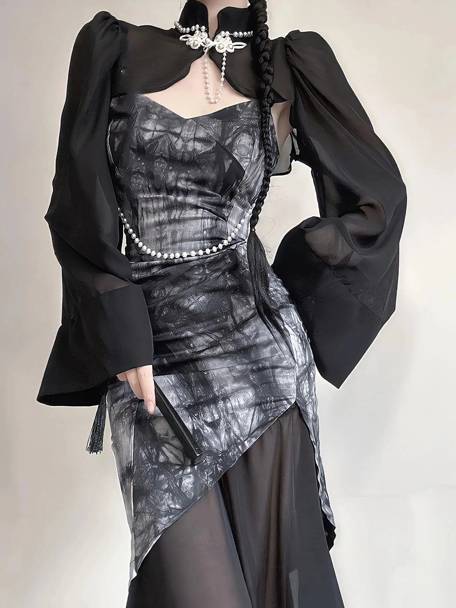 Goth Wide Sleeve Qipao Midi Dress Trendy Ruffle Hem Midi Dress