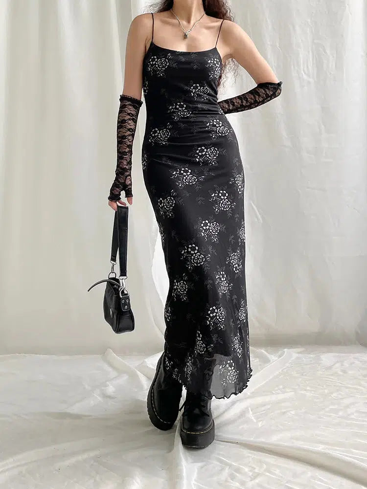 Grunge Floral Mesh Midi Dress Stylish High-Waisted Midi Dress