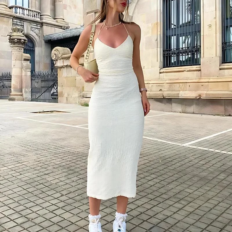 Halter Neck Backless Split Midi Dress Fashionable Casual Midi Dress