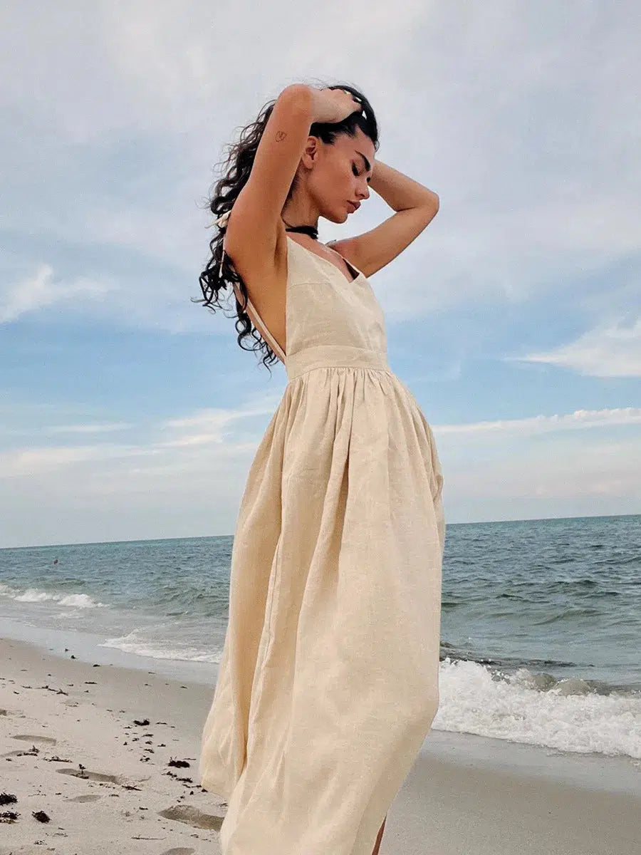 Linen Midi Dress Trendy Off-Shoulder Button Midi Dress