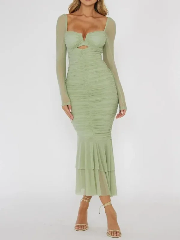 Mesh Ruched Bodycon Midi Dress Comfortable Short Sleeve Midi Dress