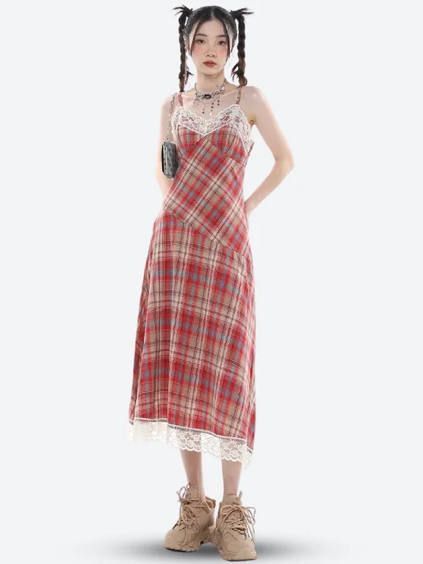 Plaid Lace Midi Dress Chic Off-Shoulder Midi Dress