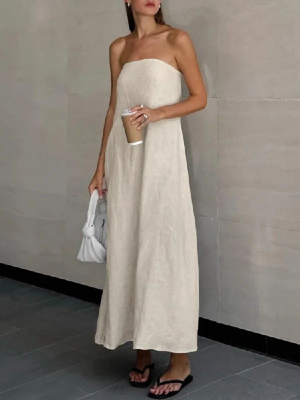 Strapless Linen Midi Dress Stylish Long Sleeve Floral Midi Dress