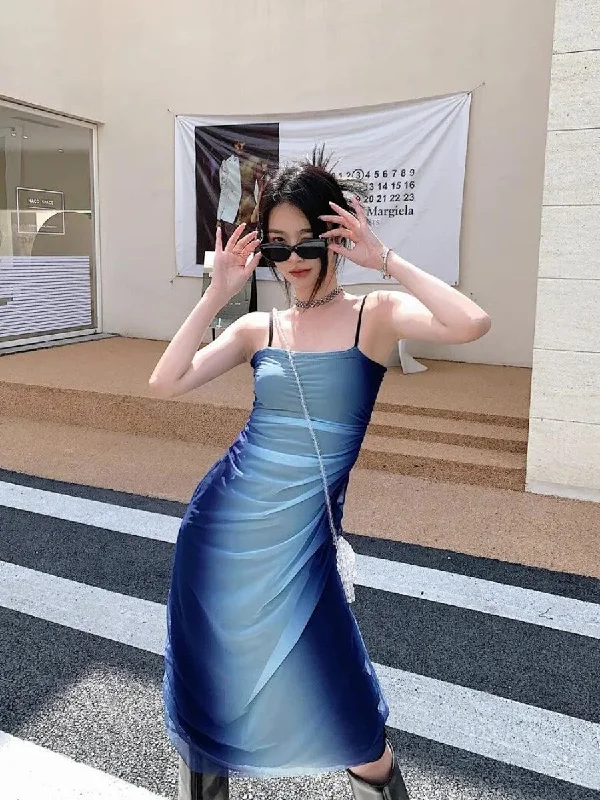 Y2K Blue Gradient Strappy Midi Dress Comfortable Fit-and-Flare Midi Dress