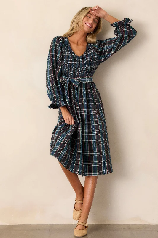 All Spruced Up Black Multi Plaid Midi Dress Chic Bohemian Midi Dress