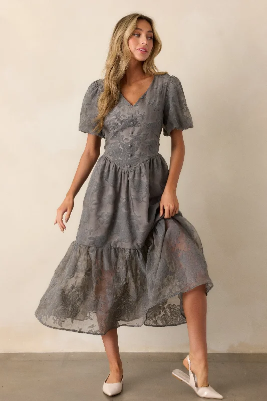 Faded Blossoms Grey Floral Puff Sleeve Midi Dress Trendy Ruffled Sleeve Midi Dress