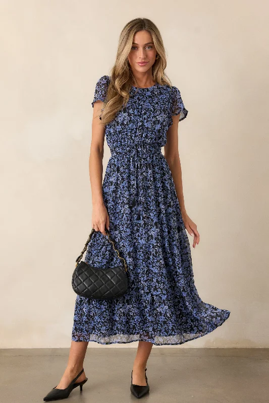 MINKPINK Lucinda Midnight Blue Floral Midi Dress Fashionable High-Low Midi Dress