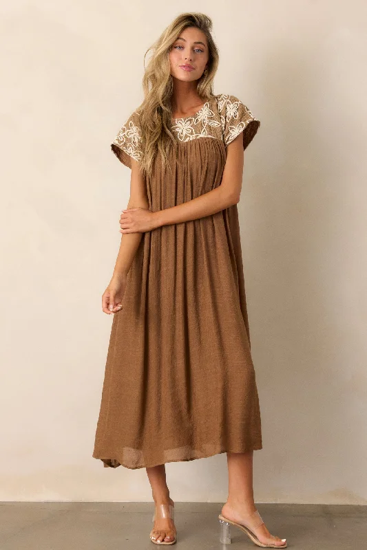 Muted Garden Tan Floral Midi Dress Trendy Off-Shoulder Ruffle Midi Dress