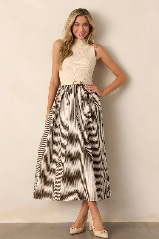 Toffee Dreams Beige Stripe Mock Neck Midi Dress Elegant Pleated Sleeve Midi Dress