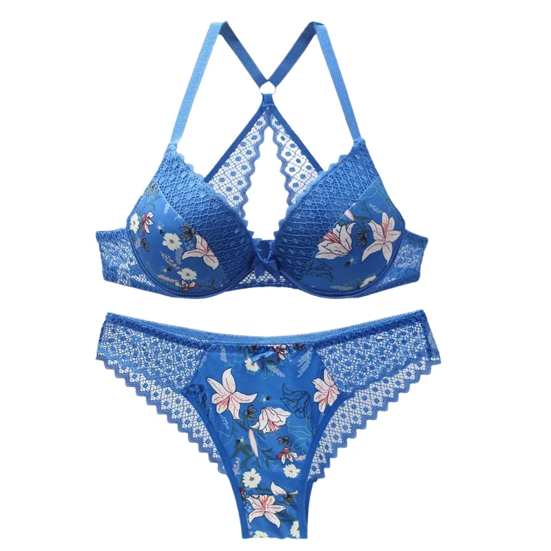 3/4 cup back closure lace women bra set thong hollow out Lightly Padded Bra