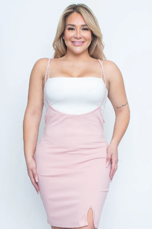 Plus Size Spaghetti Strap Suspender Midi Dress with Thigh Slit in Pink (ZA3663) Stylish Button-Up Midi Dress