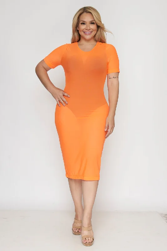 Plus Size See-Trough Short Sleeve Midi Dress in Neon "Undershirt Not Included" (D1044) Fashionable Polka Dot Midi Dress