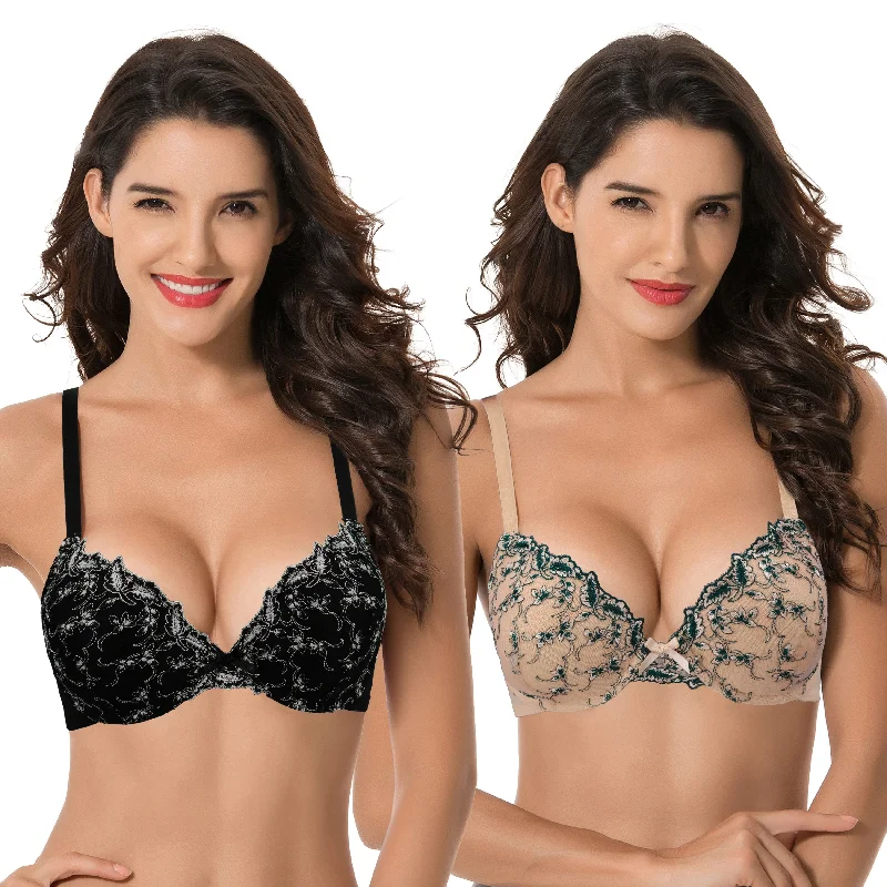 Women's Plus Size Add 1 Cup Push Up Underwire Lace Embroidery Bras Push-Up Bralette Set