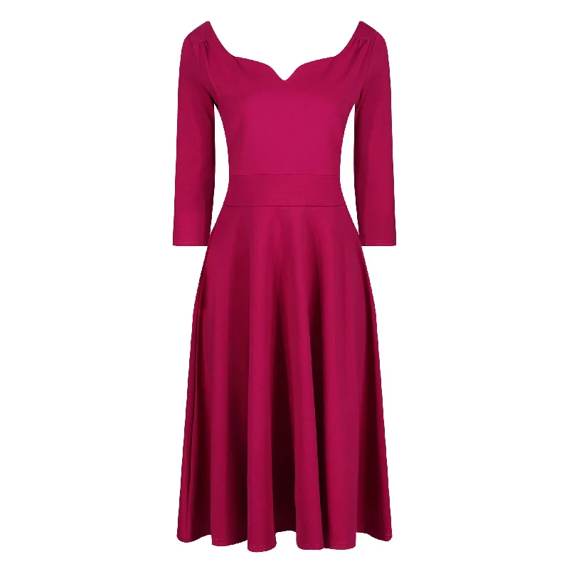 Magenta Diamond Neckline 3/4 Sleeve Vintage Swing Midi Dress Elegant Pleated Detail Midi Dress