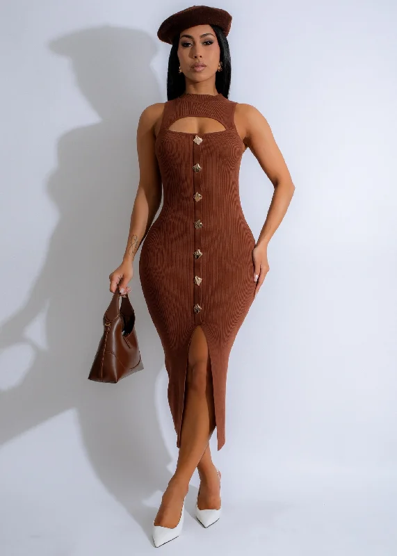 Aria Keyhole Knit Ribbed Midi Dress Brown Trendy Long Sleeve Midi Dress