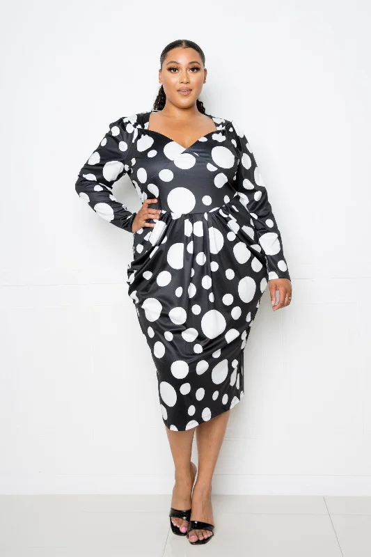 Plus Black Polka Dot Ruched Waist Midi Dress Stylish Silk Midi Dress