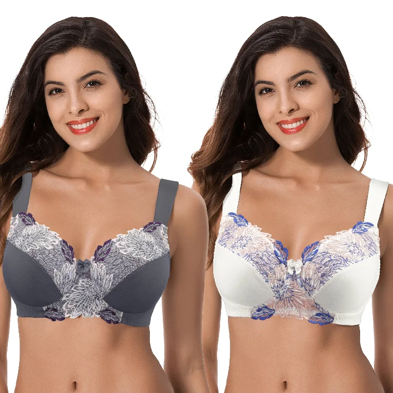 Women's Plus Size Minimizer Wireless Unlined Bra with Embroidery Lace Elegant Cotton Bra